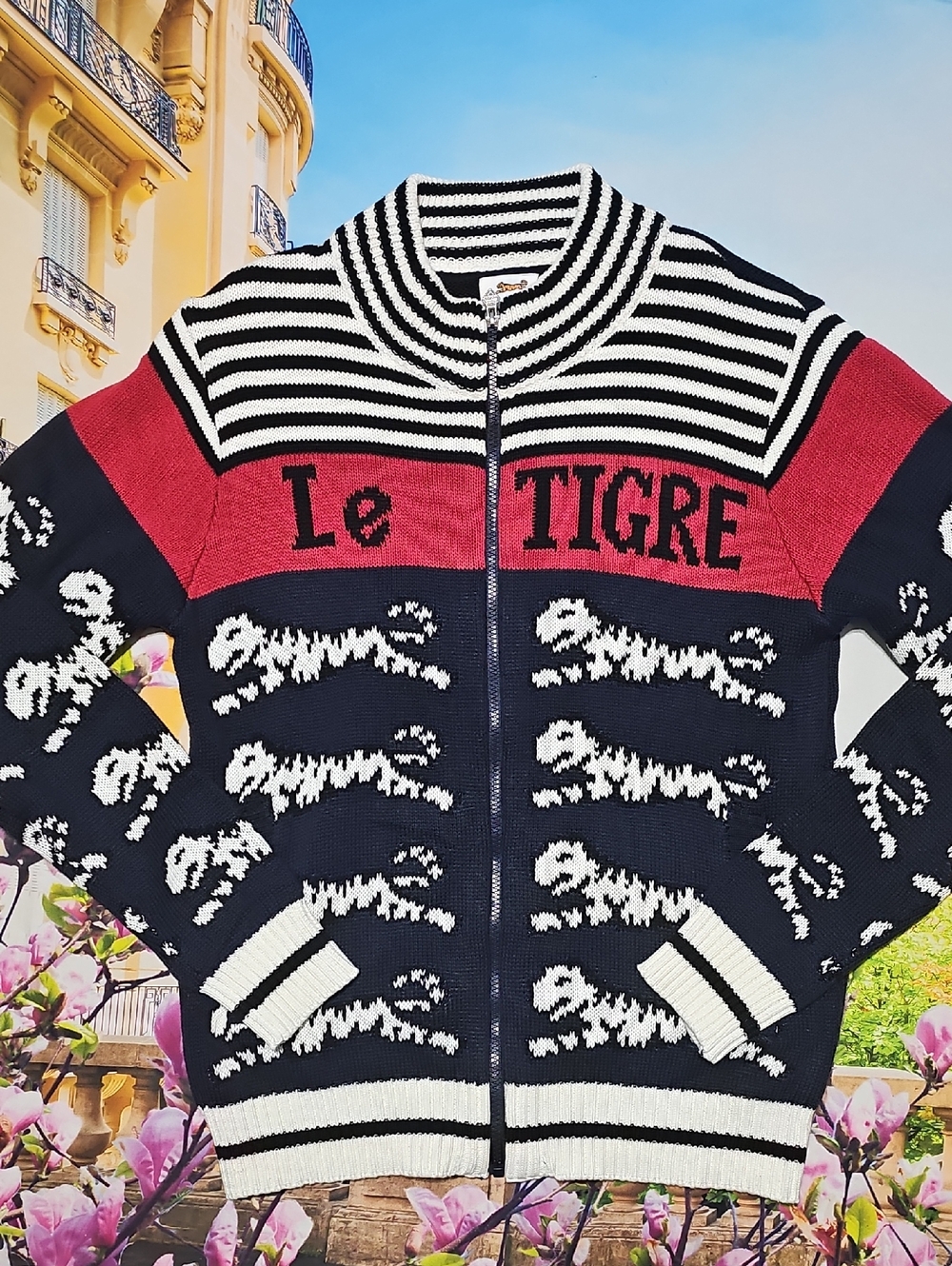 Le Tigre Navy Red and White Zip-Up Knit Sweater with Tiger Motif XL New